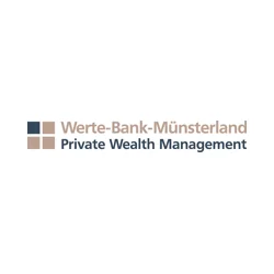Logo der Werte-Bank-Münsterland mit Schriftzug "Private Wealth Management". Links oben sind vier Quadrate in zwei Reihen in verschiedenen Brauntönen angeordnet.